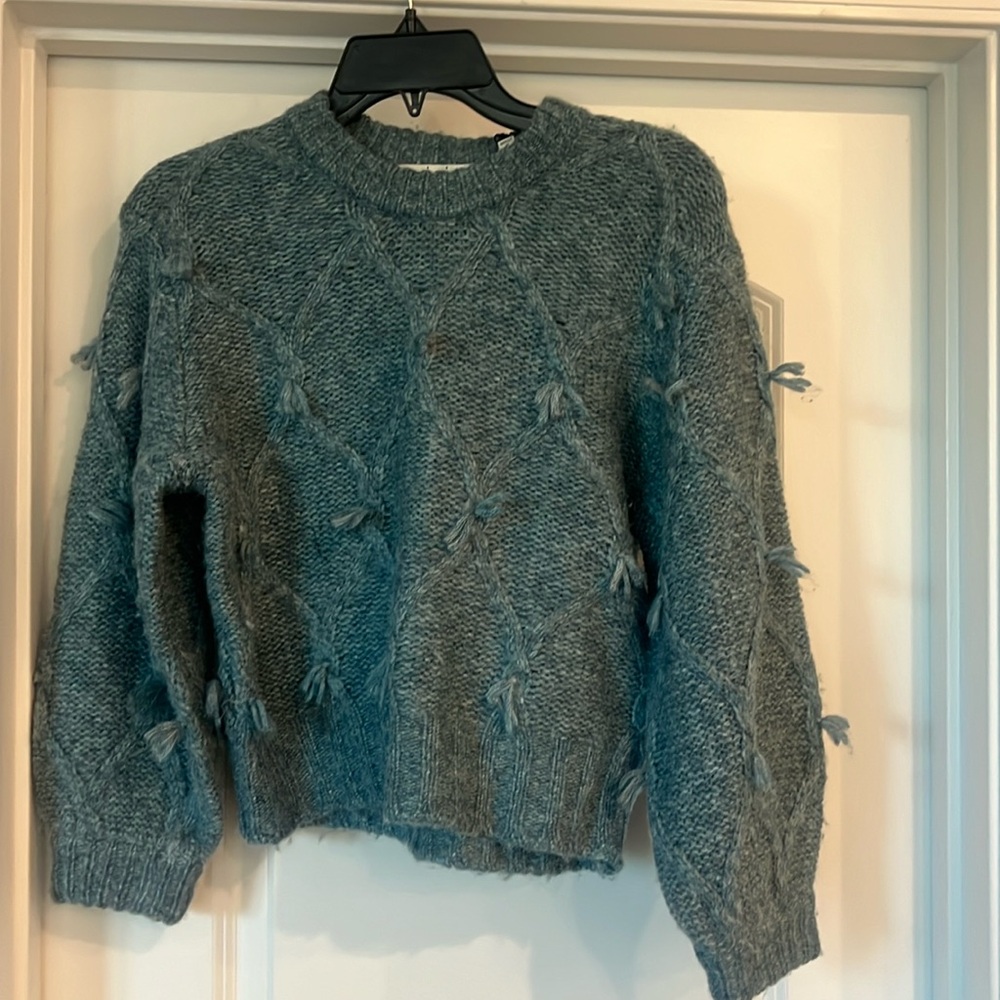 NWT $328 JOIE BODEN TEXTURED FRINGE CREWNECK TEAL MULTI SWEATER SZ XS